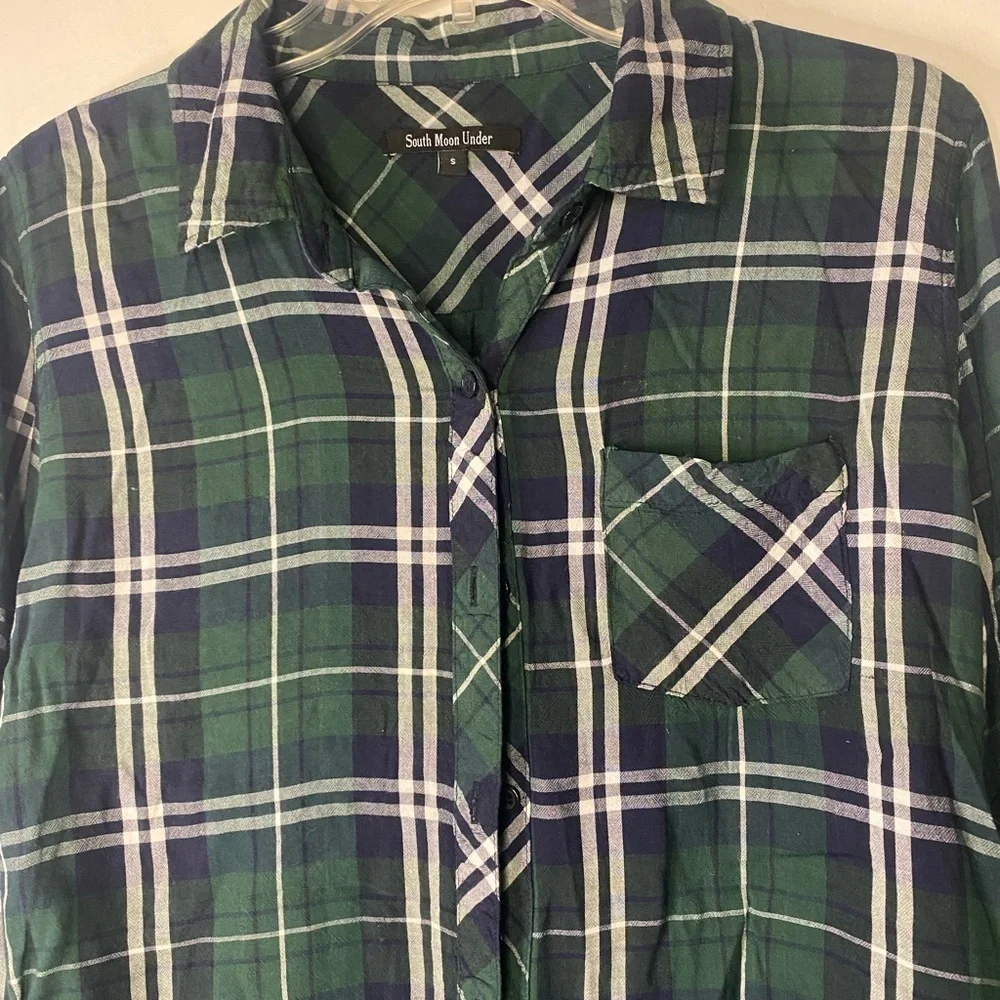 South Moon Under Green Blue Plaid Long Sleeve Button Down Western Shirt Small